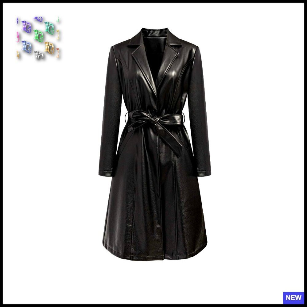 Faux Leather Trench Coat Long Sleeve Motorcycle Biker Style With Belt